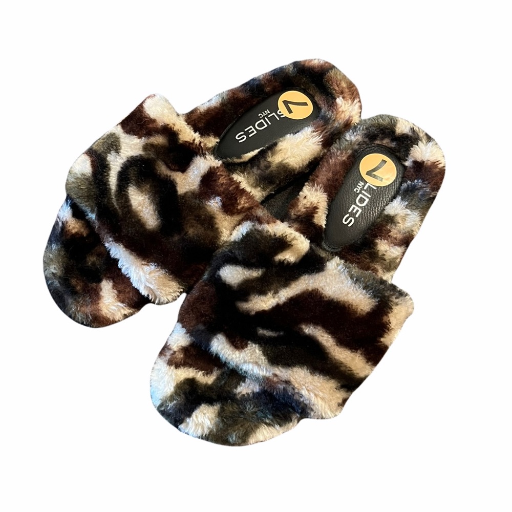 J Slides Green Army Camouflage Faux Fur Sandals 7